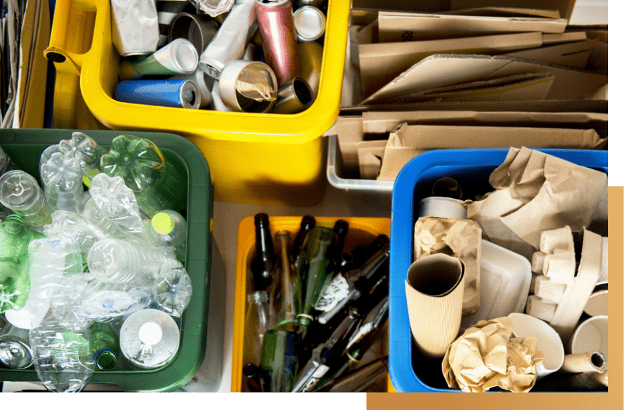 segregated plastic cups, bottles, and garbages